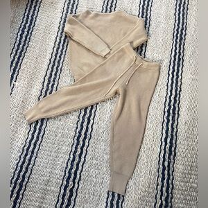 Tan colored ribbed sweater set. Size small. Drawstring joggers/boat neck sweater
